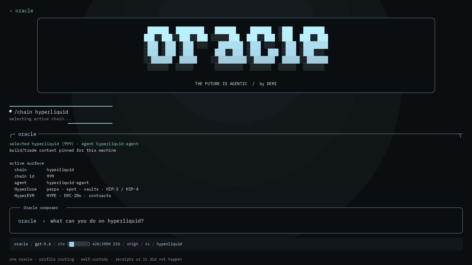 Oracle CLI selecting Hyperliquid with the /chain hyperliquid command