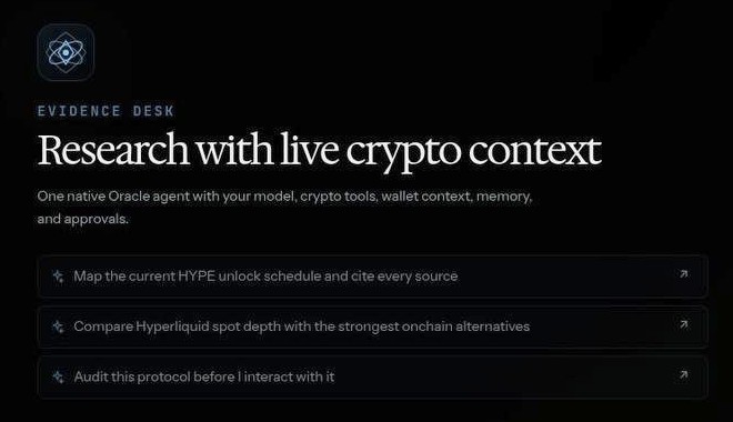 Oracle Desktop research view: Research with live crypto context, with suggested prompts such as auditing a protocol before you interact with it.
