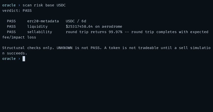 Oracle risk check returning PASS for metadata, liquidity and sellability on a live token